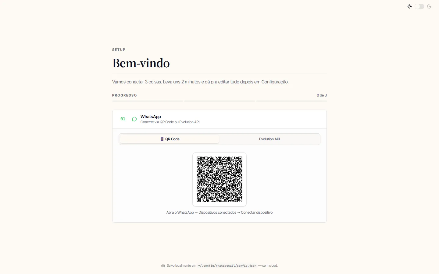 Wizard step 1 mostrando o QR code pra parear o número do WhatsApp como aparelho conectado.