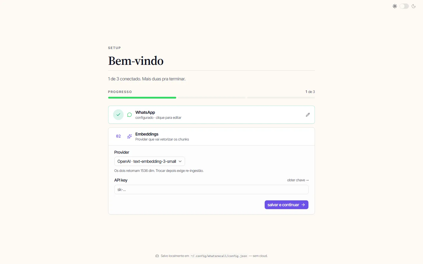 Wizard pedindo a API key da OpenAI ou do Google AI Studio.