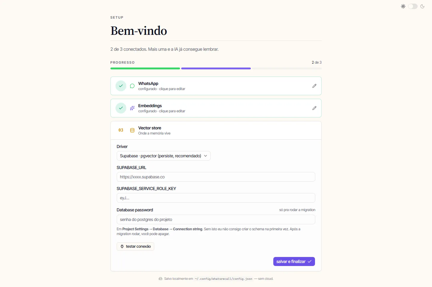 Wizard pedindo as credenciais do Supabase pra guardar a memória.