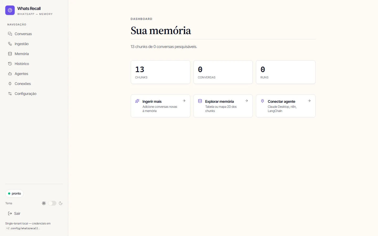 Dashboard inicial do Whats Recall após o wizard, esperando a primeira escolha de conversas.