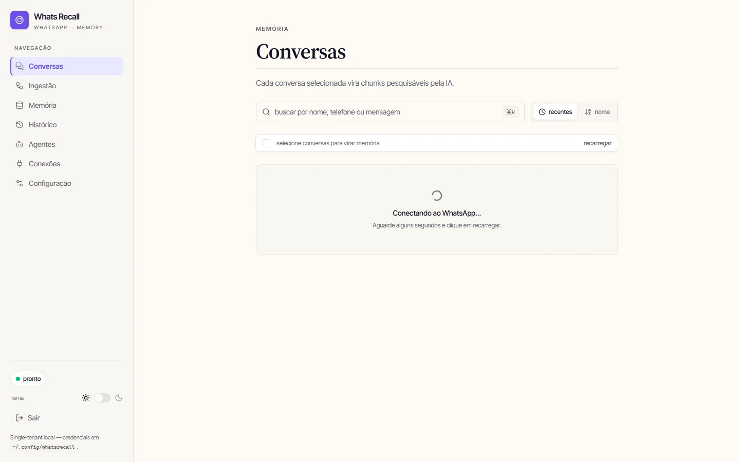 Lista de conversas do WhatsApp no Whats Recall, em estilo WhatsApp-like com avatares, último snippet e timestamp, com checkboxes pra seleção em massa.