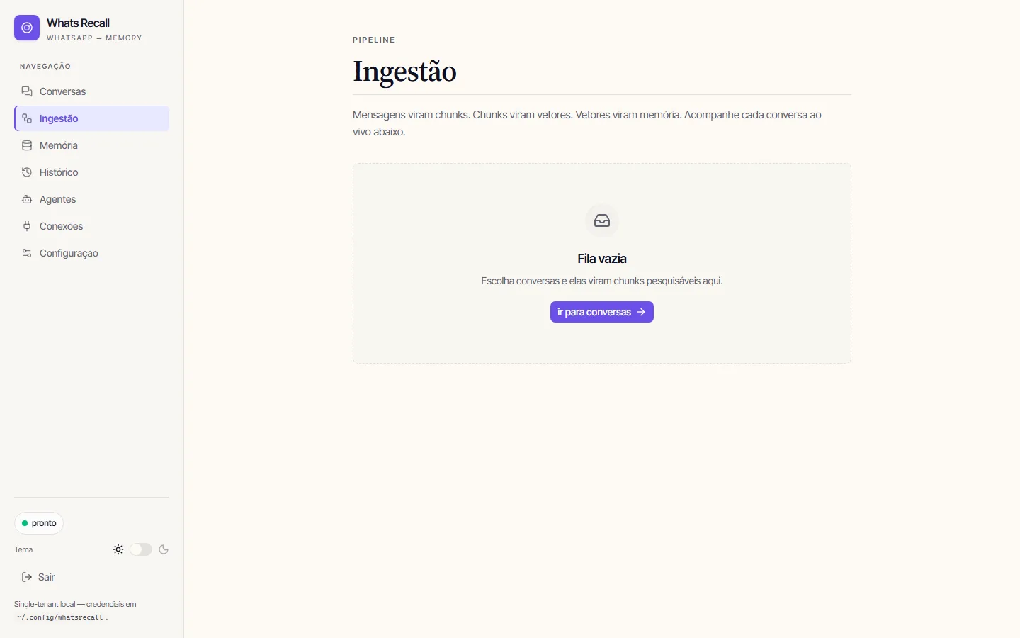 Página de ingestão com cards de progresso ao vivo por chat, mostrando contadores de mensagens processadas, chunks gerados e embeddings enviados via SSE.