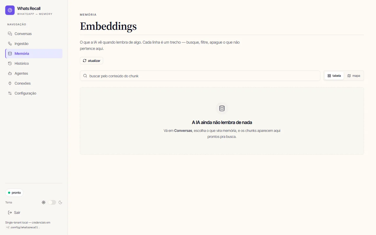 Memory explorer com tabela paginada de chunks armazenados no pgvector, com filtro por chat, busca textual e botão de delete por linha.