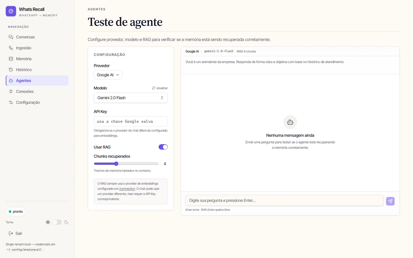 Playground do Whats Recall mostrando uma pergunta sobre cliente e a resposta do agente com os trechos do WhatsApp citados.
