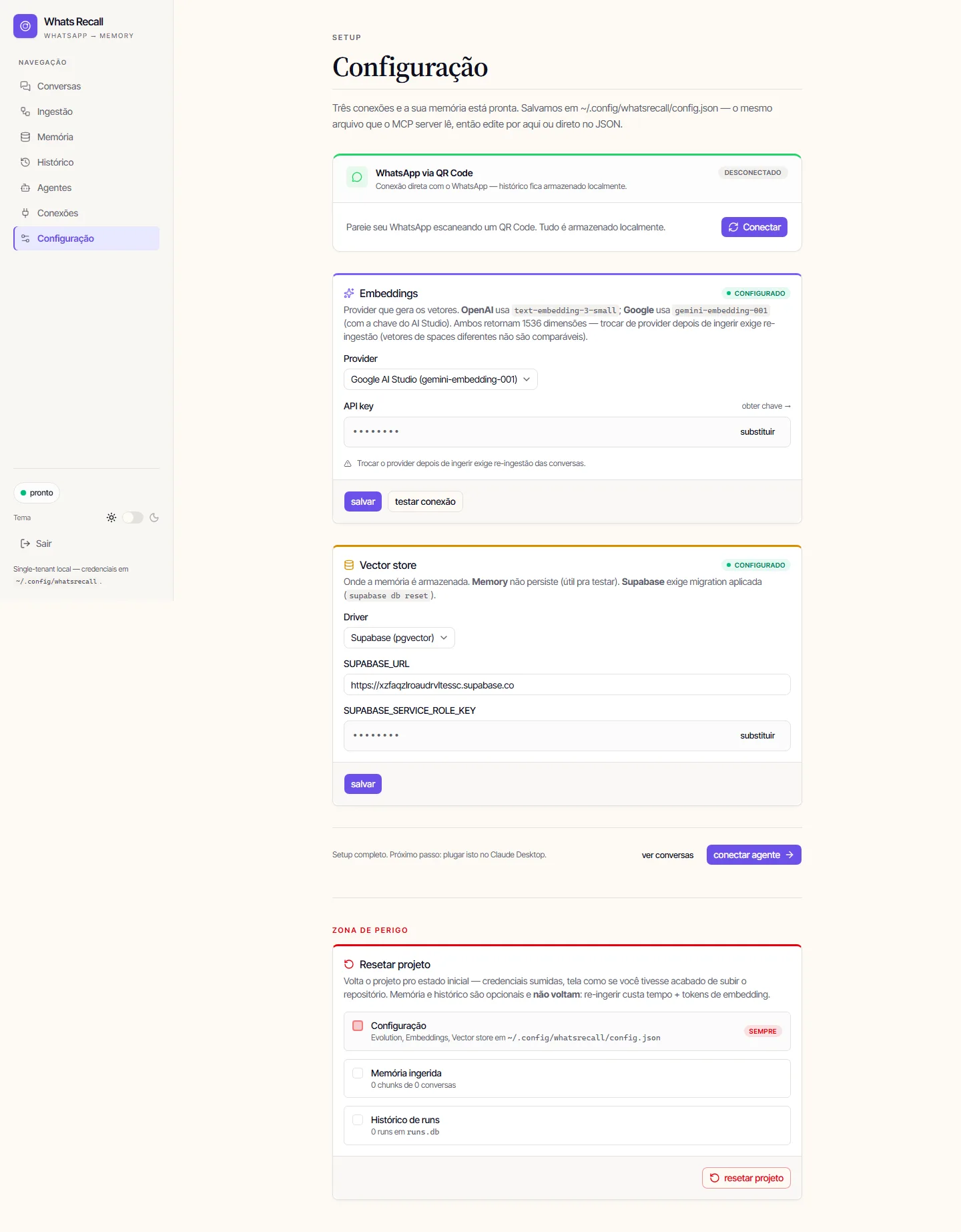 Hub de configuração do Whats Recall com snippets prontos pra cada destino: Claude Desktop, n8n e outros.